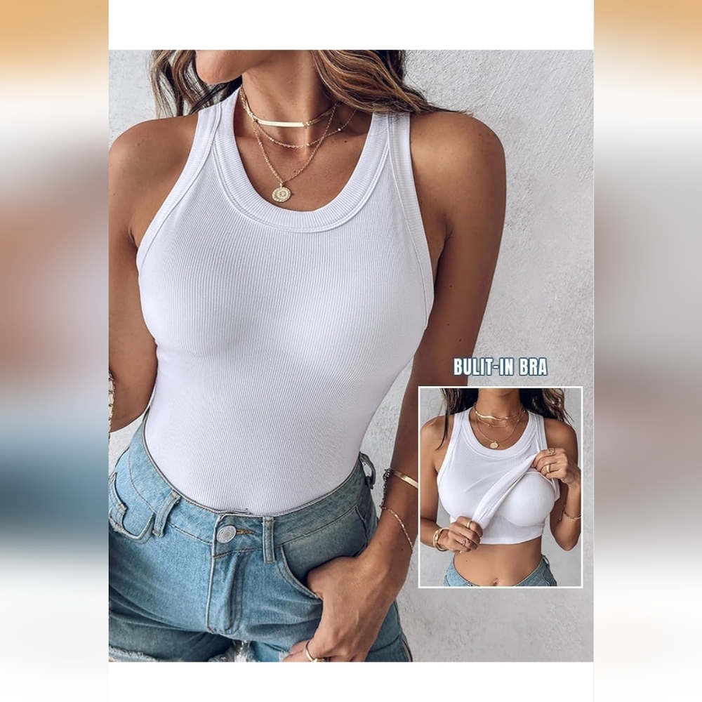 Chicme Women's White Ribbed Tank Top with Built-In Bra